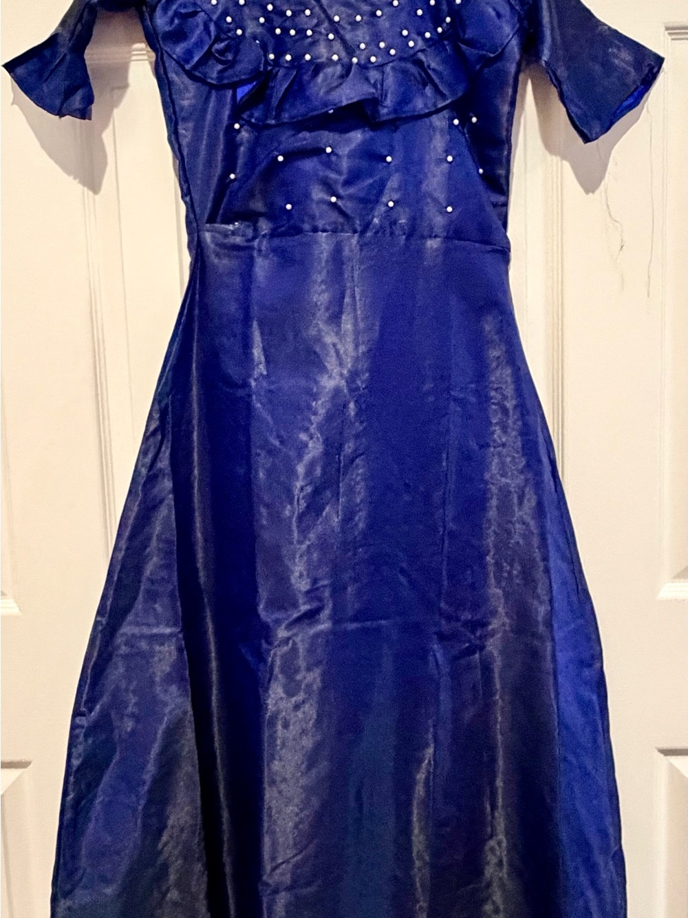 Girls Royal Blue Satin Party Dress with Pearl Accents